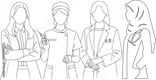 Single line drawing in modern minimalist style of female doctors and  a female doctor wearing a hijab stethoscope and woman headscarf