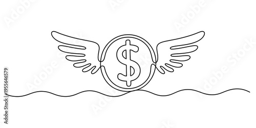 Continuous line drawing of a dollar coin with wings representing the concept of fast movement