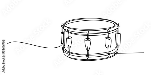 A continuous single line drawing of a snare drum isolated on a plain white background for design
