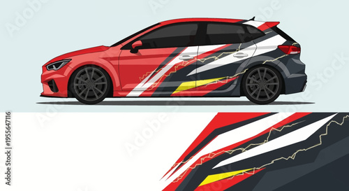 Red sports coupe with dynamic racing stripes and graphic illustration.