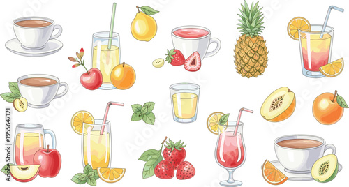 Fresh Fruit and Beverage Collection with Coffee Tea Juices and Tropical Fruits in Colorful Hand Drawn Style