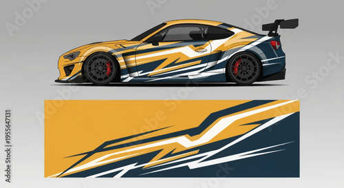High speed yellow and blue race car with bold graphic livery and dynamic lines.