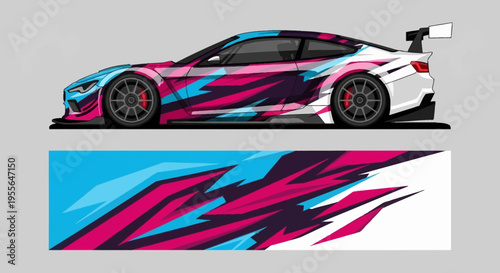 Colorful racing car with bold graphic wrap and side panel design on a plain background.