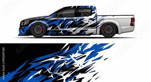 Graphic stylized blue race truck with abstract patterns and bold color accents across a dynamic vehicle design.