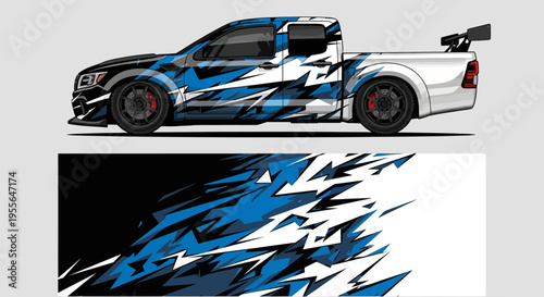Graphic blue racing pickup truck with dynamic swoosh design and high-contrast graphics.