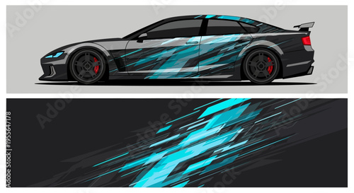 Sleek sports car with blue neon streaks and dynamic graphic wrap on a road scene.