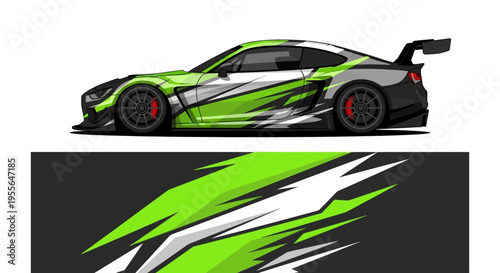 Sleek neon-green racecar with bold black and white livery, aerodynamic design, and dynamic graphics in a sports setting.