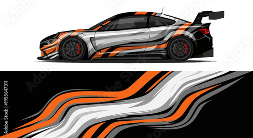 Sleek orange and black race car with dynamic white stripe livery on track.