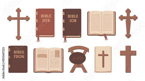 Collection of bibles and wooden crosses on a white background