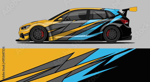Stylized racing car with bold color graphics and dynamic swooshes.