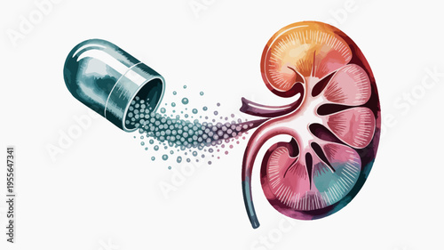 Medical capsule releasing small particles towards a human kidney illustration