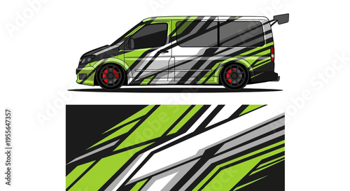 Stylized lime-green van design shown in dynamic side and front views with bold graphic lines.