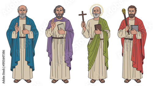 Four christian saints standing together holding religious symbols