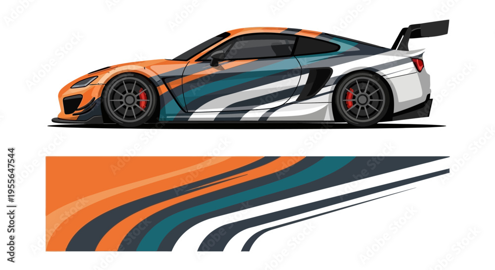 Fototapeta premium Stylized race car graphic featuring orange and blue livery with dynamic swoosh design.
