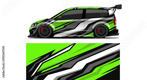 Vibrant green and black racecar illustration with bold white accents and aerodynamic design.