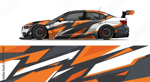 Sleek orange and black race car with dynamic graphics and aerodynamic livery on the track.