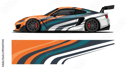 Stylized race car graphic featuring orange and blue livery with dynamic swoosh design.