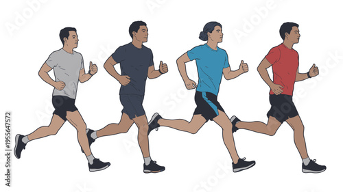 Four men running together in a line illustrating fitness and exercise