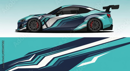 Vibrant Concept Car with Blue Teal Graphics and Aerodynamic Edges.