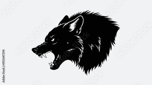 Aggressive Black Wolf Head Silhouette, Fierce Predator Growling with Bared Teeth, Dark Animal Art