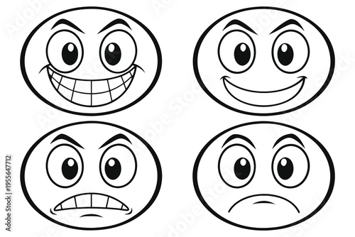 Four cartoon faces with different expressions on white background happy
