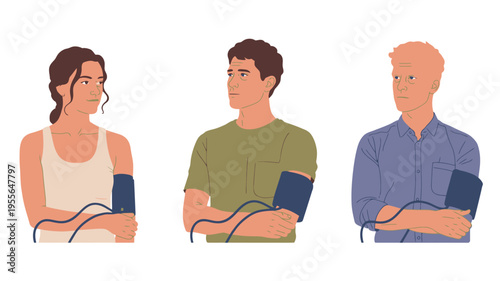 Three diverse people with blood pressure cuffs on their arms