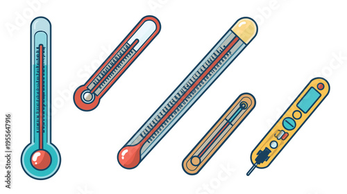 Collection of various thermometers including digital and traditional designs