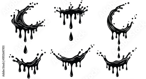 Abstract black liquid splashes and drips arranged in curved and droplet shapes