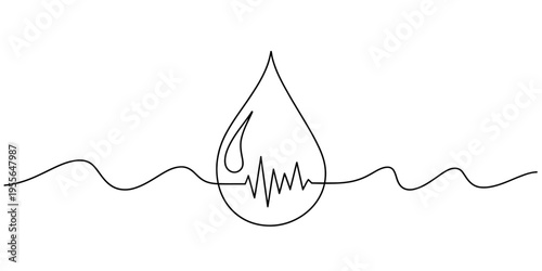 A continuous line drawing of a water drop containing a heart rate symbol over a wavy ocean horizon Vector, illustration