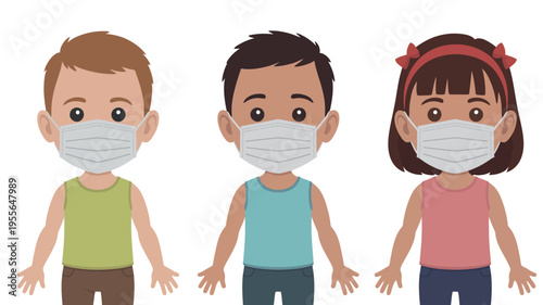 Three diverse children wearing face masks for protection
