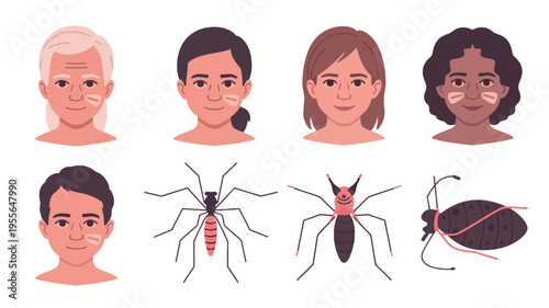Illustration of mosquito bites on different skin types and ages