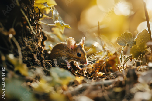 Mouse (Mus musculus, Peromyscus) - A tiny, wide-eyed field mouse pauses among sun-drenched autumn leaves & gnarled roots, its delicate whiskers and soft fur illuminated by a warm, ethereal golden glow