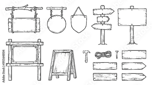 Collection of wooden signboards easels and directional signs with arrows and plaques for business or event use