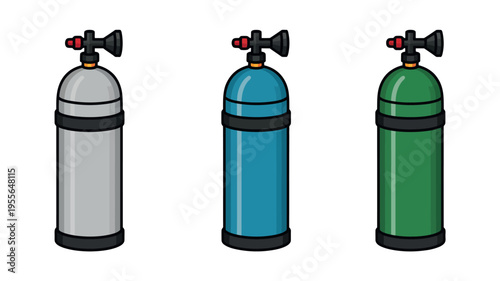 Three different colored gas cylinders with regulators and valves