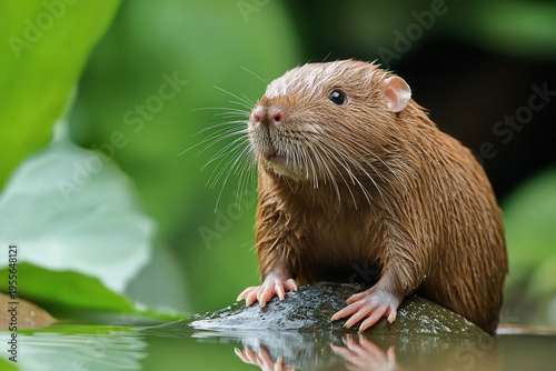 Mole Rat (Bathyergidae family) - A thick-furred mole rat sits perched on a wet stone, its delicate whiskers & dark eyes alert as it overlooks a tranquil, sunlit pond surrounded by vibrant green leaves