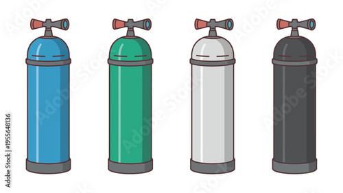 Four different colored gas cylinders lined up side by side illustration