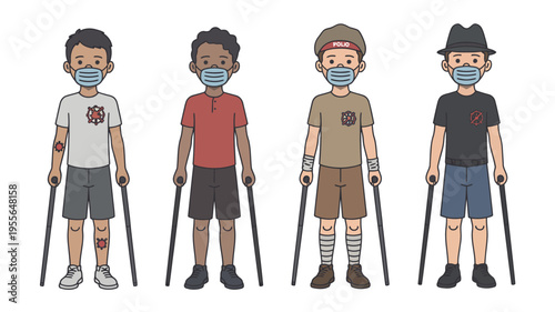 Four diverse young men wearing face masks and using crutches standing together