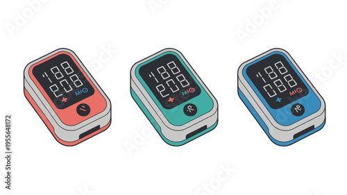 Three colorful pulse oximeters on a white background