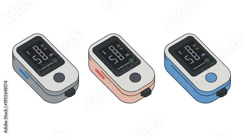 Three fingertip pulse oximeters in different colors on a white background