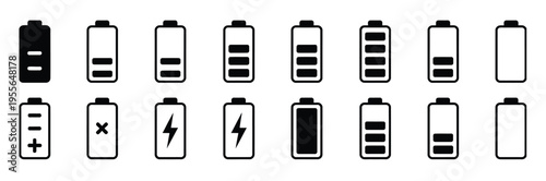 Battery energy level and charging indicator icons vector