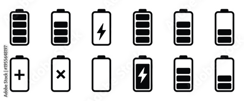 Battery capacity and charge status icons isolated on white