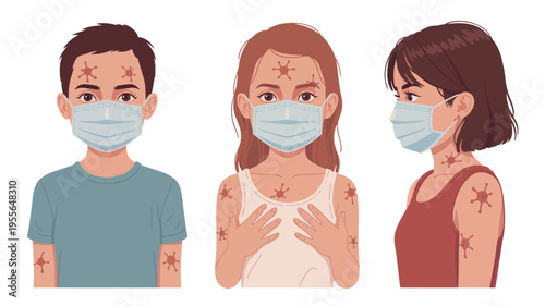 Diverse people wearing face masks and showing vaccination marks