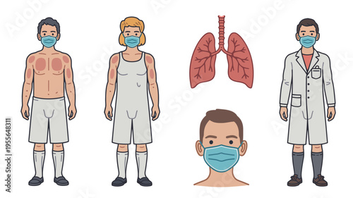 Medical illustration of human lungs and people wearing face masks