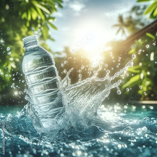 A dynamic outdoor photograph of a plastic water bottle splashing into clear water, captured with high-speed motion and sparkling droplets under natural sunlight. The image symbolizes freshness, hydrat