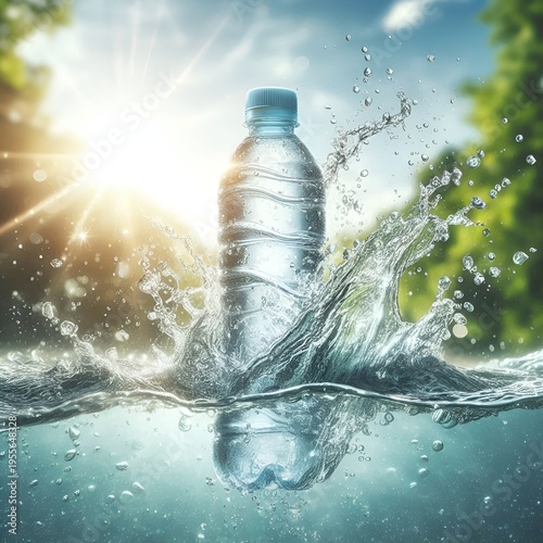A dynamic outdoor photograph of a plastic water bottle splashing into clear water, captured with high-speed motion and sparkling droplets under natural sunlight. The image symbolizes freshness, hydrat
