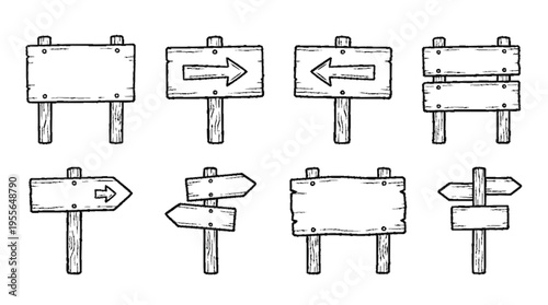 Rustic wooden campground signage icons set with blank arrows and directional signs