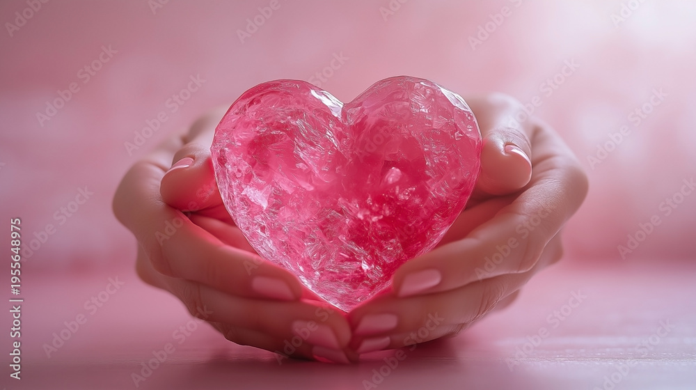 Obraz premium Hands Holding a Glowing Crystal Heart on Pink Background