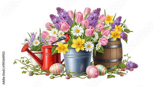 Spring Easter Still Life with Colorful Eggs, Tulips, Daffodils, and Songbird on Transparent Background