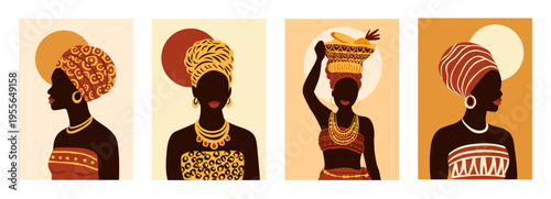 Ethnic African woman portrait. Tribal boho vector poster set.