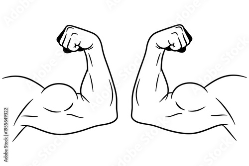 Black and white line drawing of two flexed muscular arms showing strong biceps, symbolizing strength and power.
